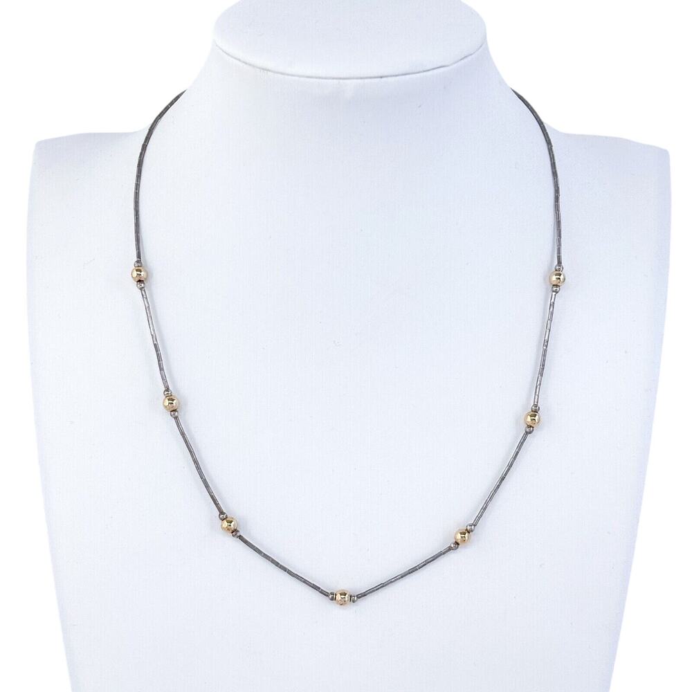 Vintage Liquid Silver Sterling 925 Gold-Tone Bead Station Necklace 16"